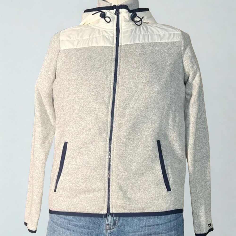 Tommy Hilfiger athluxe hooded fleece puffer hoodie zip jacket gray navy cream M - Picture 1 of 9